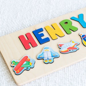 Wooden Name Puzzle for Toddler, Easter Gifts for Kids, Airplanes, Rocket Ship, Personalized Gift for Boy, Airplane Nursery