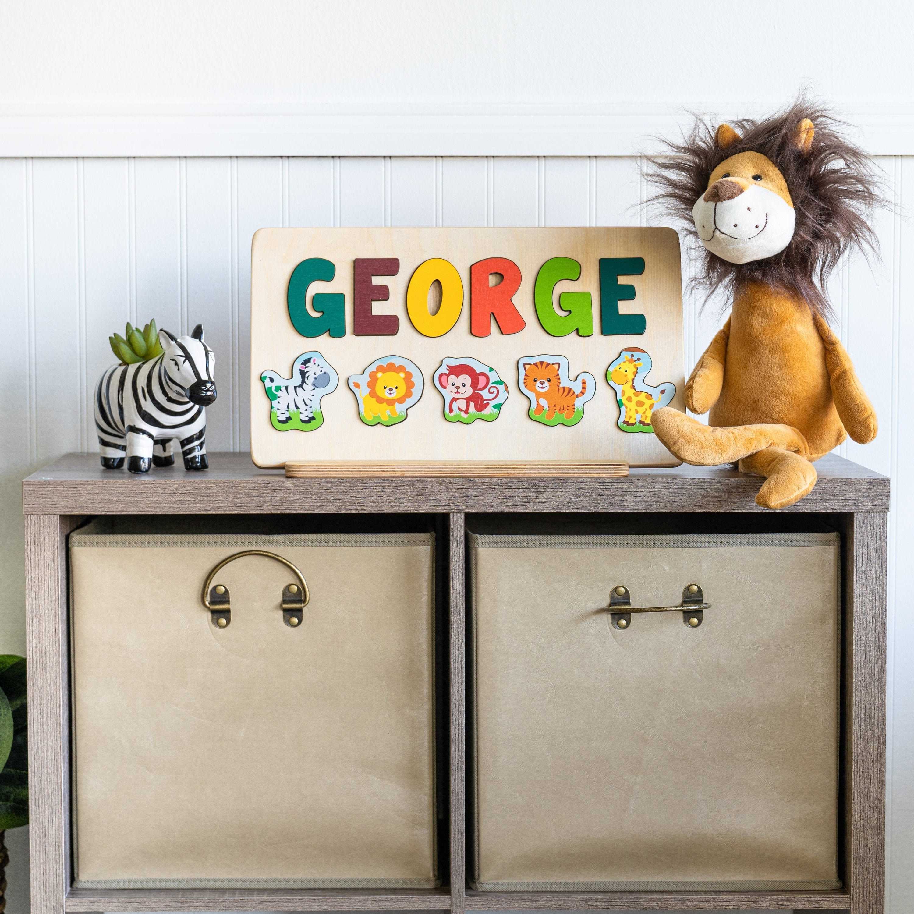 Jungle Animals Wooden Name Puzzle for Toddlers, Personalized Christma…