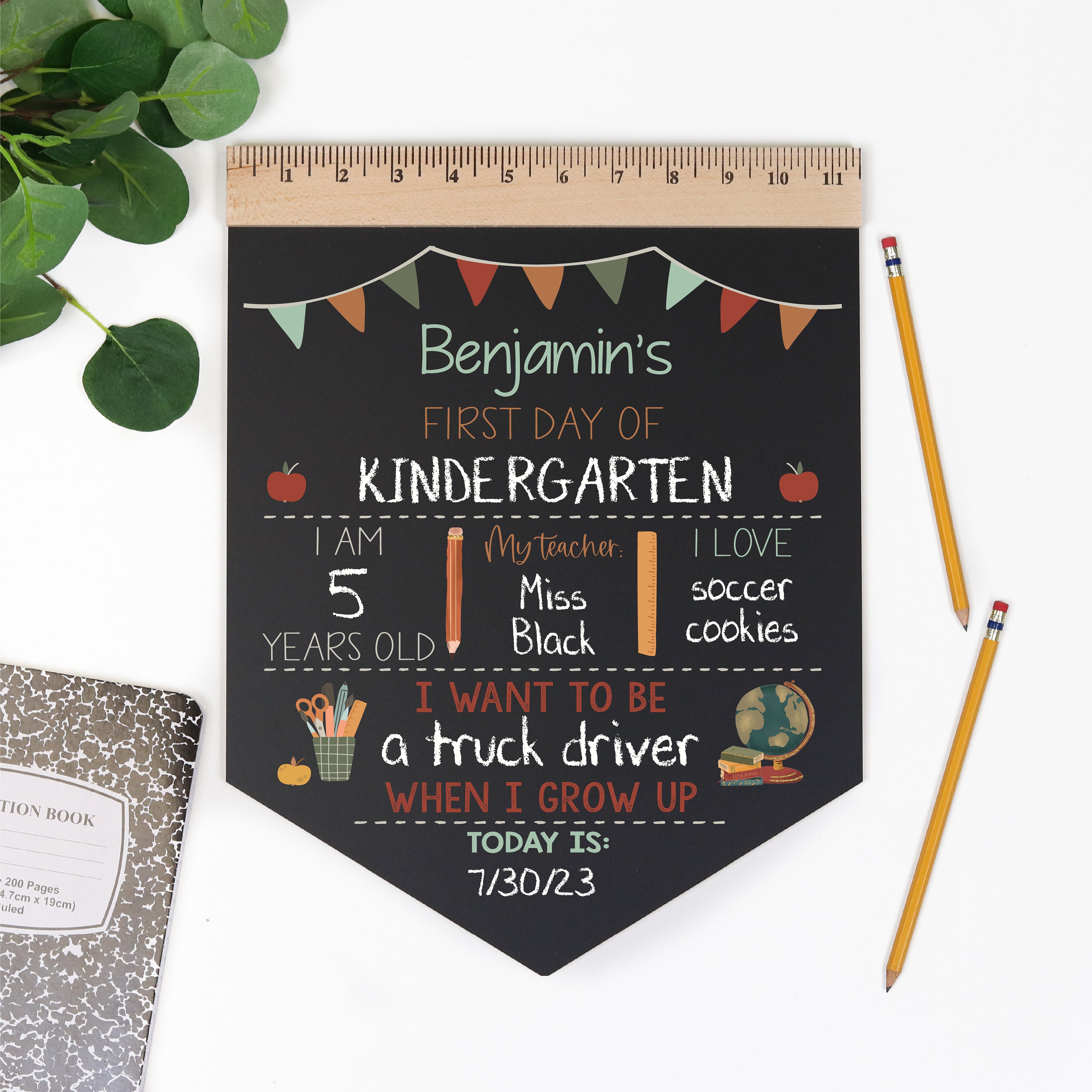 First Day of School Sign, Back to School Chalkboard, Reusable 1st Day Board, Last Day, Kindergarten, First Grade, Preschool, Ruler, BloomOwl