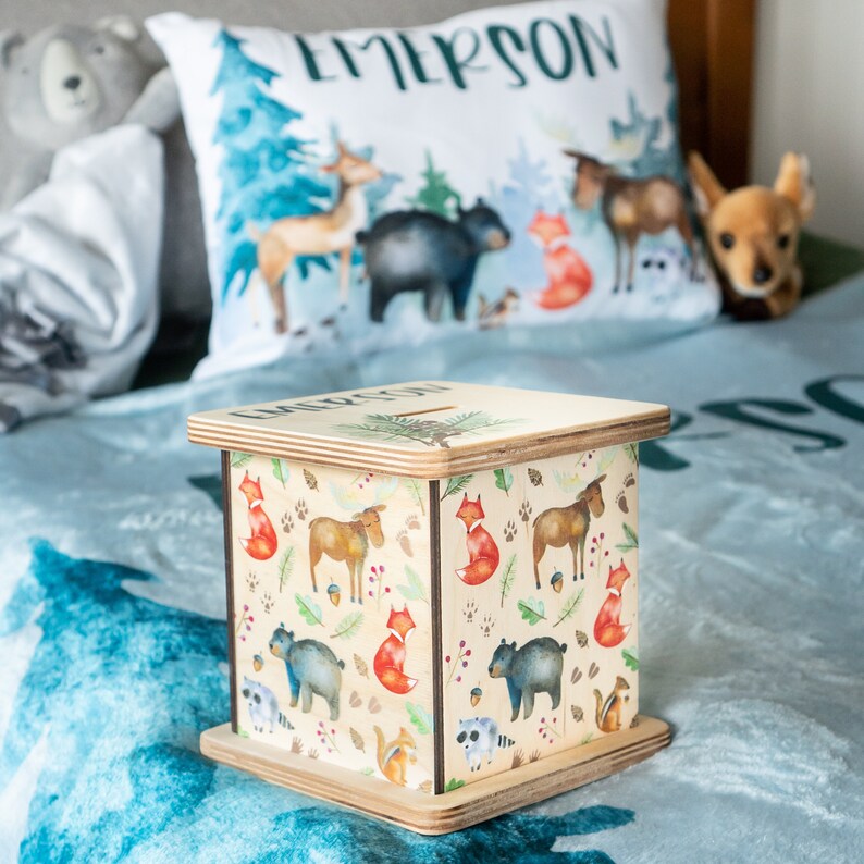 Custom Piggy Bank, Christmas Gifts, Woodland Animals, First Birthday Gift, Wooden Toys, Gift for Boys, Toddler Toy, Money Box, Coin Bank image 6
