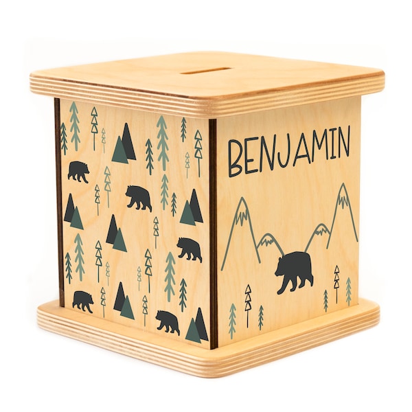 Tirelire ours et montagne, tirelire des bois personnalisée, cadeaux de Pâques pour garçon, tirelire, tirelire en bois, deuxième anniversaire