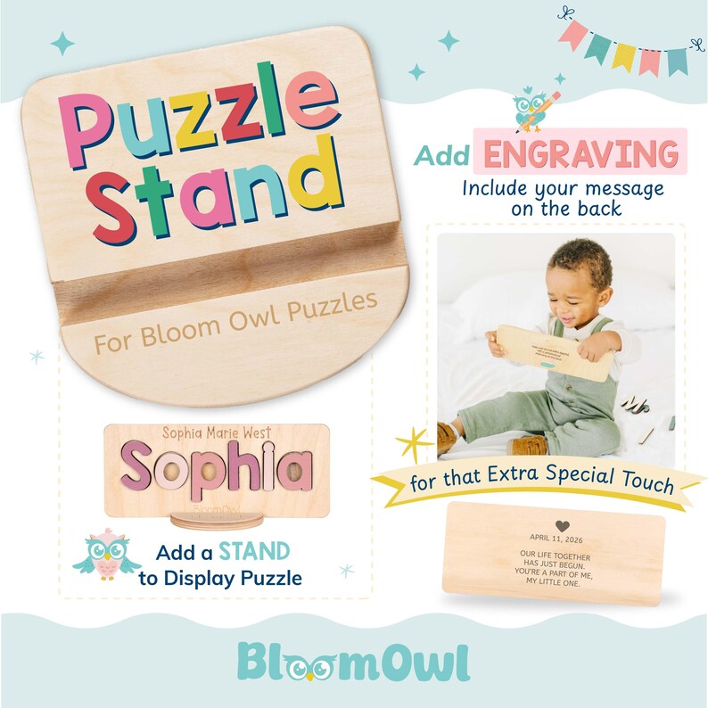 The image is an advertisement for a puzzle stand called "Puzzle Stand" designed for Bloom Owl puzzles. It features a young child sitting on a bed and holding a puzzle, along with a wooden puzzle stand and a personalized puzzle stand.