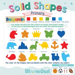 The image is a colorful educational chart titled "Solid Shapes" that features various solid shapes in different colors, along with their corresponding names.