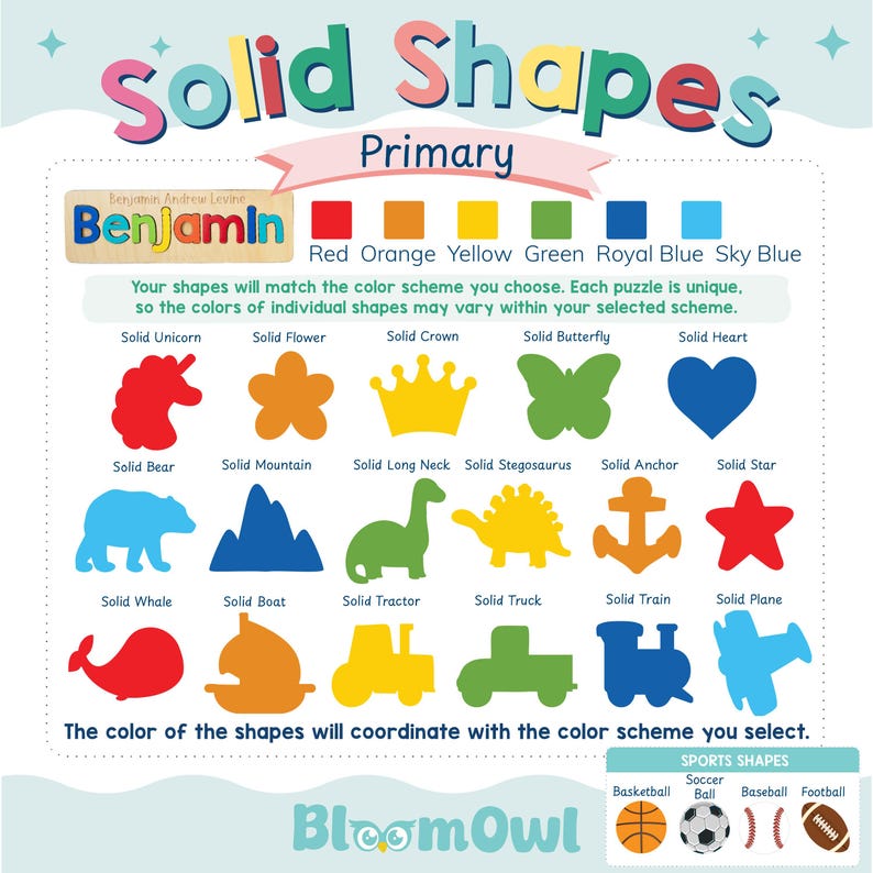The image is a colorful educational chart titled "Solid Shapes" that features various solid shapes in different colors, along with their corresponding names.