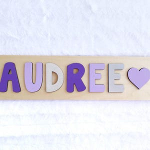 Wooden Name Puzzle with Heart, Personalized Easter Gifts for Girl, First Birthday Gift, Wooden Toys, Name Puzzle Baby, Purple Nursery