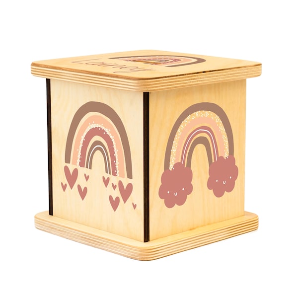 Hucha de madera personalizada, regalos de Pascua para niña, regalo para recién nacida, decoración arcoíris, hucha, bebé arcoíris, caja de dinero para niñas