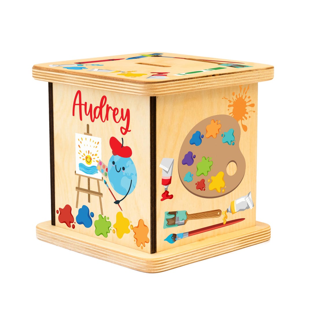 Artist Piggy Bank, Wooden Custom Coin Bank, Crayon & Paintbrush Design ...