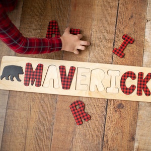 Buffalo Plaid Name Puzzle, Easter Gifts for Kids, Lumberjack First Birthday, Personalized Wooden Puzzle, Gifts for Kids, Woodland Nursery image 1