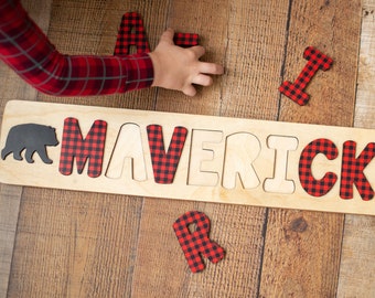 Buffalo Plaid Name Puzzle, Easter Gifts for Kids, Lumberjack First Birthday, Personalized Wooden Puzzle, Gifts for Kids, Woodland Nursery