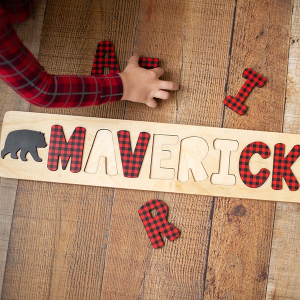 Buffalo Plaid Name Puzzle, Easter Gifts for Kids, Lumberjack First Birthday, Personalized Wooden Puzzle, Gifts for Kids, Woodland Nursery