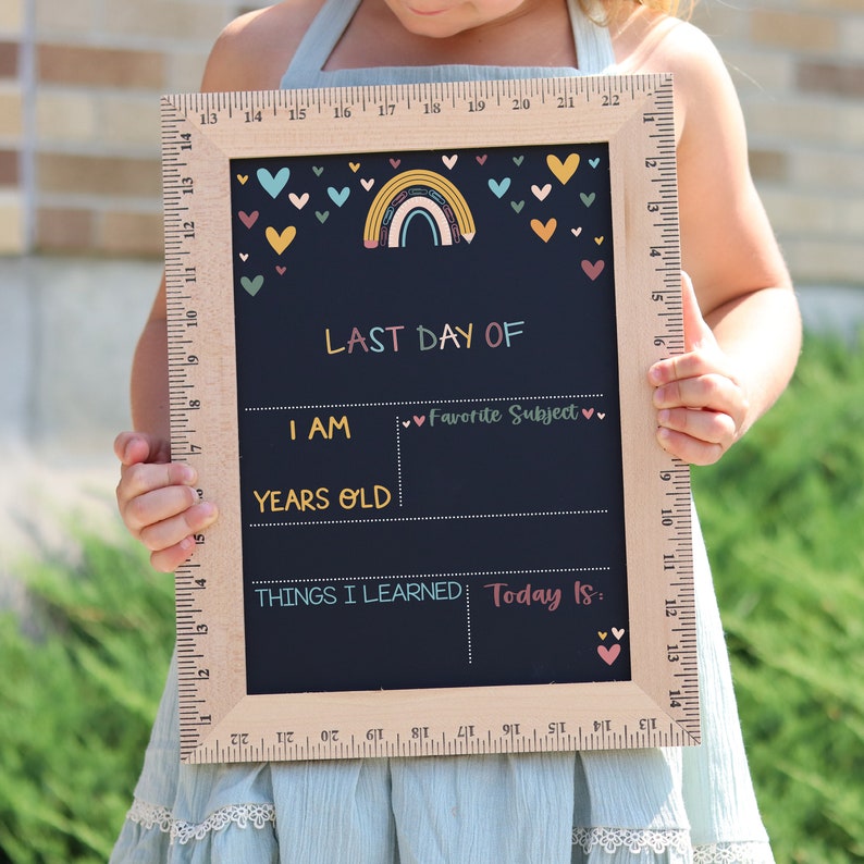 First Day of School Sign, Back to School Chalkboard, Reusable 1st Day Board, Last Day, Kindergarten, First Grade, Preschool, Ruler, BloomOwl Option 2 - Pastel