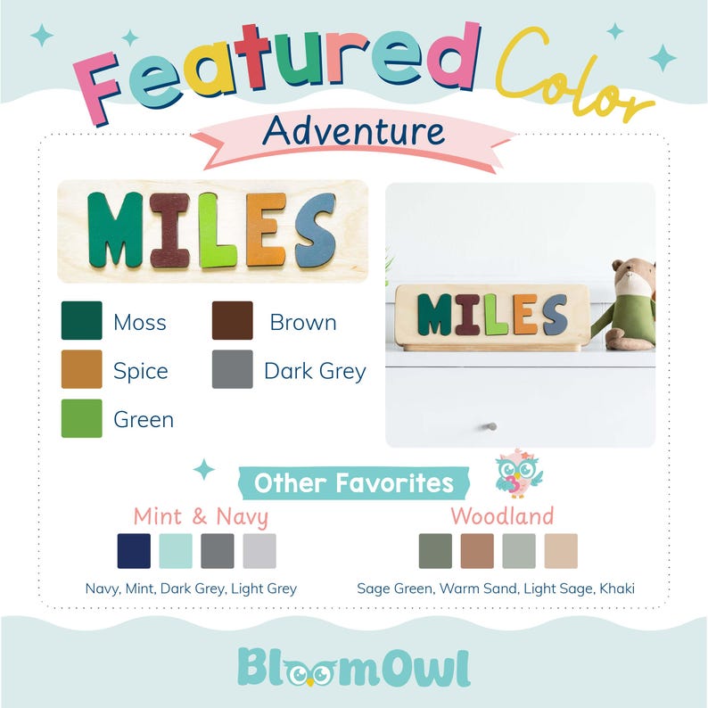 The image is a colorful advertisement for a toy called "Miles" that features a variety of colors and a wooden sign.