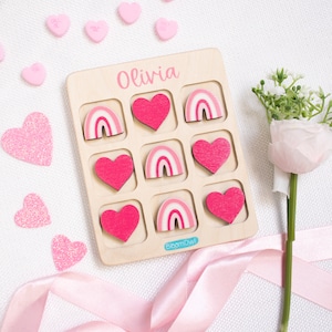 Tic Tac Toe Valentine, Valentines Day Gift for Kids, Rainbow Valentine for Class, Wooden Kids Game, Personalized Gift, Custom Travel Game