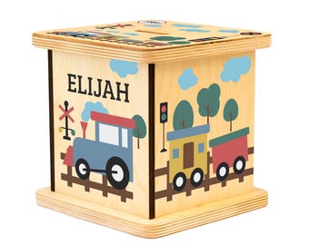 Train Piggy Bank for Boys, Train Railway Bedroom, Baby Boy Gift, Wooden Name Coin Transportation Bank, 1st Birthday