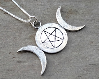 Triple Moon Goddess Necklace with Pentagram | Witch, Wiccan, and Pagan Goddess Jewelry | Gift for Witch