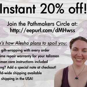 May include: Image with text "Instant 20% off!" and "Join the Pathmakers Circle at: http://eepurl.com/dMHwss". Additional text includes "Here's how Alesha plans to spoil you: Free gift-wrapping..." and "Free shipping in the USA!"