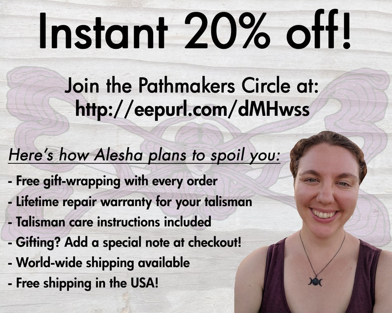 May include: Image with text "Instant 20% off!" and "Join the Pathmakers Circle at: http://eepurl.com/dMHwss". Additional text includes "Here's how Alesha plans to spoil you: Free gift-wrapping..." and "Free shipping in the USA!"