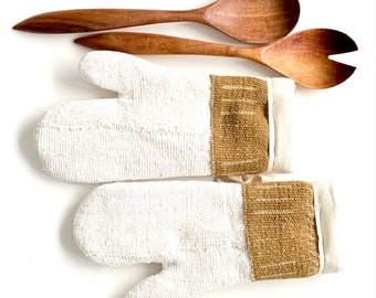 Ochre Cream Mudcloth Oven Mitts | Bohemian MudCloth Pot Holder | Modern Farmhouse Xlong Pot Holders Set | Minimalist Natural Oven Mitt Set