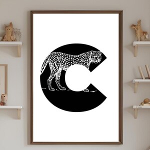Impressão de monograma da letra C - Impressão de alfabeto de animais para berçário, monograma de gênero neutro, arte de parede digital para quarto de criança ou presente de bebê