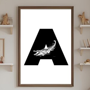 Impressão de monograma da letra A - Impressão de alfabeto de animais para berçário, monograma de gênero neutro, arte de parede digital para quarto de criança ou presente de bebê