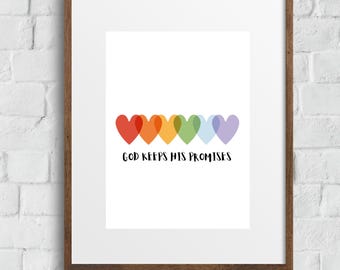 God Keeps His Promises Print | Rainbow Hearts | Bible Verse Wall Art | Christian Nursery Decor | Digital Download