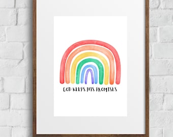 God Keeps His Promises Print | Watercolor Rainbow | Bible Verse Wall Art | Christian Nursery Decor | Digital Download