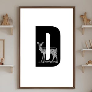 Impressão de monograma da letra D - Impressão de alfabeto de animais para berçário, monograma de gênero neutro, arte de parede digital para quarto de criança ou presente de bebê