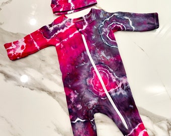 0-3 Month Tie Dye Organic Cotton Zippered Footie Pajama and Beanie Hat Baby Gift Set