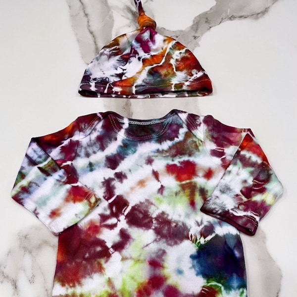 Tie Dye Baby Bodysuit and Beanie Hat Set