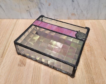 Vintage Pink and Iridescent Stained Glass Jewelry Box with Ladybug