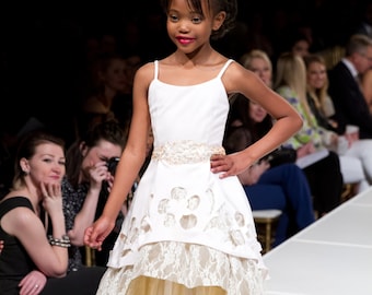 Ivory and Gold Layered Flower Girl A-Line w/ Sequin Cutouts