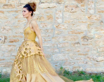 Golden Fantasy Wedding Dress, Gold Wedding Dress, Alternative Bride, Handmade Wedding Dress, Fairy Core, Fantasy Gown, Goddess Dress