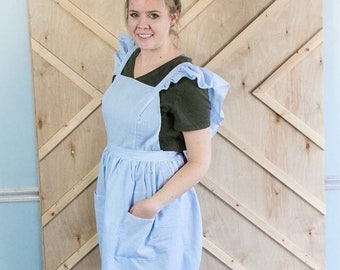 Fitted Seersucker Women's Apron with ruffled straps and full skirt, gift for her, gift for mom, mommy and me apron, farmhouse apron