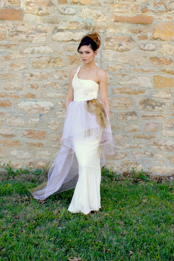 Size 2/4 Ivory and Gold Asymmetrical Wedding Gown w/ Sheath Skirt and Sequin Bow