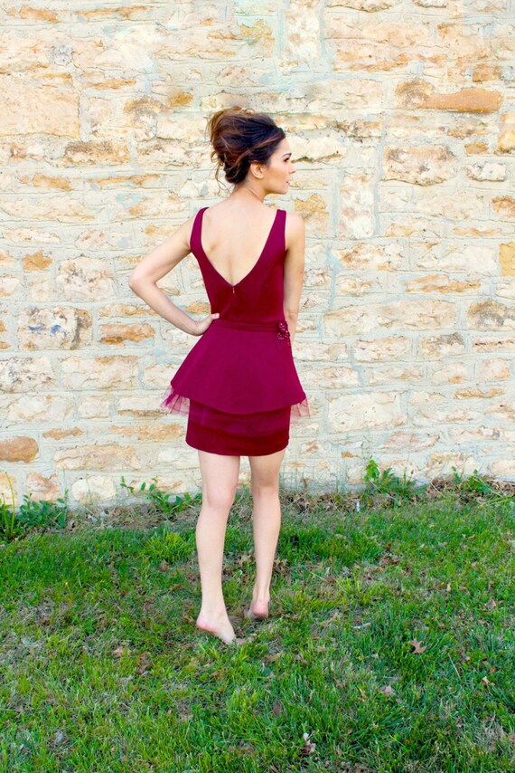 Burgundy Sleeveless Special Occasion Pencil w/ Detachable Peplum, Unique Dress, Burgundy Bridesmaid Dress, Mini Dress, Peplum Dress