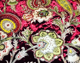 Rare Velvet Fabric with unique design bright red velvet appliqué floral motif
