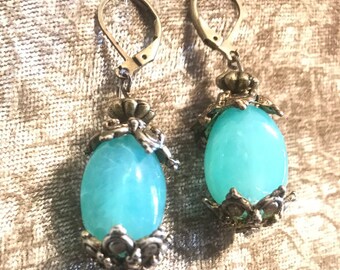Turquoise and antique bronze Vintage drop pierced earrings