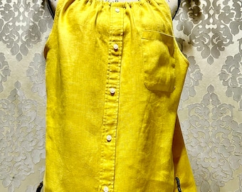 Women’s Yellow 100% Linen Shirt Shabby Chic Upcycled From Men’s Shirt Casual Adjustable Size Fits All