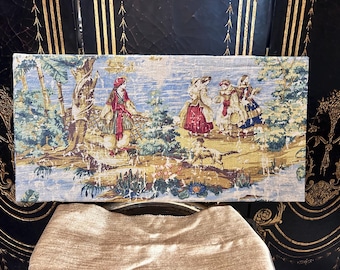 Vintage Linen Pastoral Wall Hanging Bos Porus 24 x 12 handmade French country tapestry scene with dog
