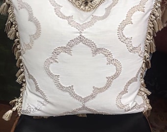 Embroidered Linen Fabric: Cream Lattice Europatex Material