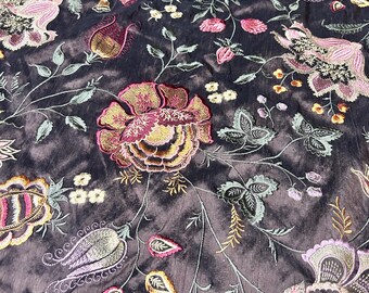 Dark Brown Luxury Dupioni Silk Heavily Embroidered Floral Fabric Unique Designer Quality
