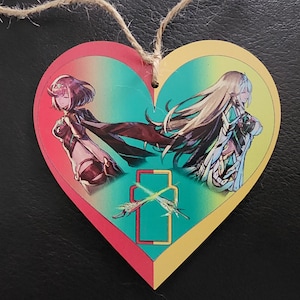 Pyra and Mythra Xenoblade Chronicles 2 heart shaped wall art ornament. For Christmas Trees or hanging on walls.