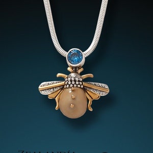 Sterling Silver Bee Pendant - Blue Topaz and Hand Carved Tagua Bee Jewelry