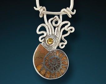 Squid Pendant - Ammonite with Citrine, Sterling Silver, Ocean Jewelry, Squid Necklace