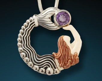 Amethyst Mermaid Pendant - Silver, Amethyst & Indonesian Cow Bone Mermaid Pendant