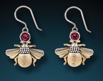 Sterling Silver Bee Earrings - Garnet and Hand Carved Tagua Bee Jewelry