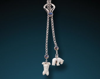 Little Bears Necklace - Carved Polar Bears Lariat Necklace with Labradorite, Indonesian cow bone