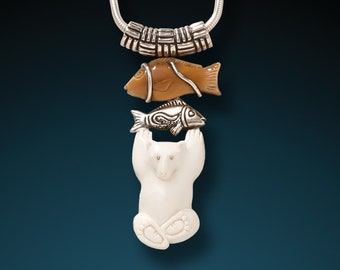 Silver Fishing Bear Pendant - Hand Carved Indonesian Cow Bone Bear Jewelry