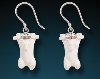 Hanging Bear Earrings - Sterling Silver, Hand Carved Indonesian Cow Bone Bear Jewelry