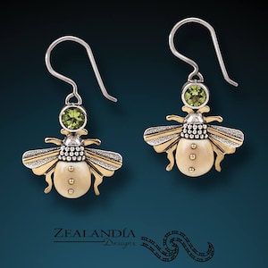 Sterling Silver Bee Earrings - Peridot and Hand Carved Tagua